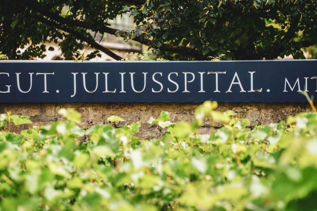 Foodtipps Würzburg: Frankenwein erleben: Das Weingut Juliusspital in der Altstadt. Schild in Blau mit Schriftzug in Weiß über grünen Weinstöcken im Sommer