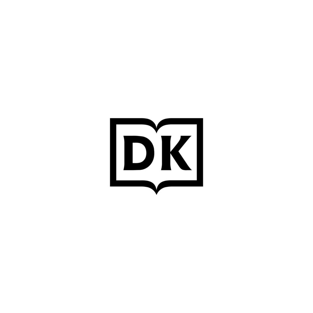 Das Logo des Dorling Kindersley Verlags – die beiden Buchstaben "D" und "K" umrahmt von einem stilisierten aufgeklappten Buch – in Schwarz