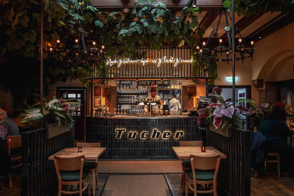 Foodtipps Nürnberg: Moderne Biertheke mit dunkelgrünen Fließen, Grünfplanzen und Leuchtschrift im Tucher-Bräu am Opernhaus in der Nürnberger Altstadt
